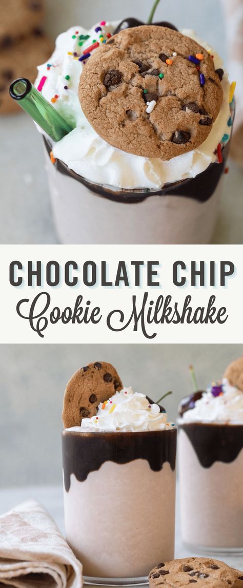 Chips Ahoy Milkshake is made with vanilla ice cream and whole cookies! This delicious chocolate chip cookie milkshake is easy to make and perfect for summer. Chocolate Chip Cookie Milkshake, Fun Milkshake Ideas, Cookie Milkshake Recipe, Chocolate Chip Milkshake, Cookie Milkshake, Popular Cookies, Fun Dessert, Chips Ahoy, Delicious Cookie Recipes