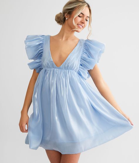 Storia Deep V-Neck Sheen Mini Dress - Women's Dresses in Sky Blue | Buckle Homecoming Dresses Flowy, Sorority Dresses, Blue Babydoll Dress, Rush Outfits, Rush Dresses, Eye Details, Dress Pleated, Mini Dresses For Women, Hoco Dresses