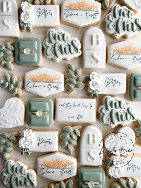 Sage Wedding Cookies, Rehearsal Dinner Cookies, Wedding Cookies Decorated, Gold Cookies, Wedding Shower Cookies, Anniversary Cookies, Engagement Cookies, Royal Iced Cookies, Cookie Decorating Party