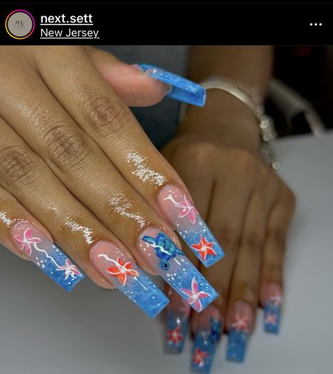 Baby Shark Nails, Nail Inspo Square Medium, Aquarium Nails Design, Nail Inspo Square, Nail Themes, Shark Nails, Aquarium Nails, Nail Options, Longer Nails