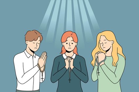 People with rosary praying to go asking for good fate. Religious superstitious believers show faith and belief. Religion and prayer. Vector illustration. People Praying Drawing, Praying Illustration, People Praying, Tree Saw, Wedding People, Heart Tree, People Illustration, Cityscape Photos, Heart With Arrow