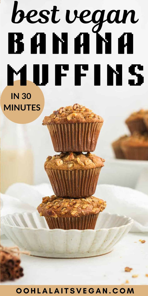 stack of 3 vegan banana muffins on a white plate Vegan Banana Bread Muffins, Vegan Breakfast Recipes Easy, Easy Vegan Breakfast, Vegan Banana Muffins, Banana Muffins Recipe, Vegan Breakfast Easy, Vegan Muffins, Healthy Version, Banana Muffin Recipe