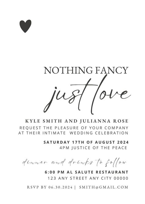 Nothing Fancy, Just Love - Elopement Invitation (White) Beautiful Small Wedding Ideas, Finally Getting Married Invitations, Micro Wedding Invite, Small Elopement Wedding Receptions, Simple Micro Wedding, Small Reception Ideas Wedding, Small Wedding Elopement Ideas, Eloping Wedding Ideas, Unique Micro Wedding Ideas