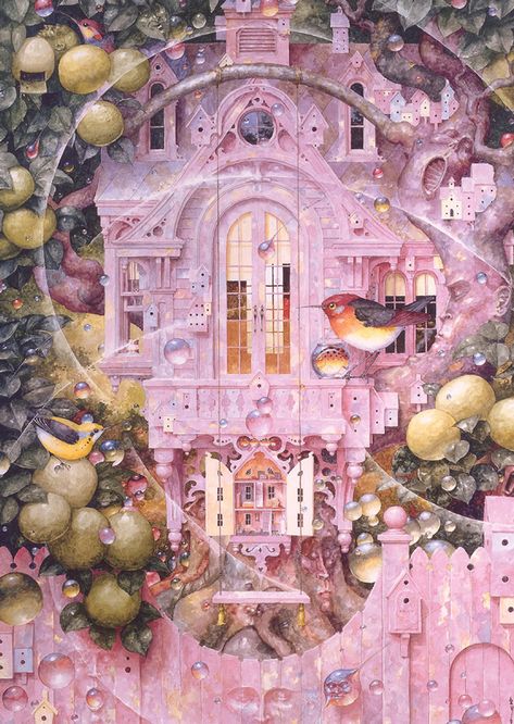 Daniel Merriam - The Golden Ticket Daniel Merriam, Pink Fairy, Pop Surrealism, Imagine Dragons, 판타지 아트, Apple Tree, Candy Boxes, Fairy House, Whimsical Art