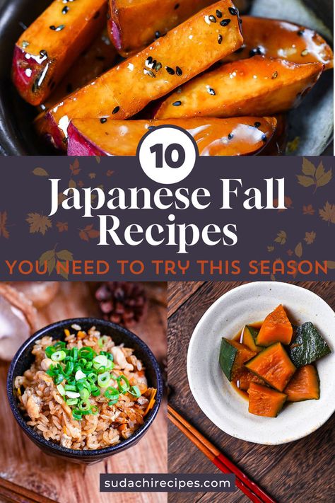 A collection of Japanese autumn recipes including candied sweet potatoes, takikomi gohan and simmered kabocha squash Japanese Thanksgiving Recipes, Seasons In Japanese, Japanese Main Dishes, Quick And Easy Japanese Recipes, Japanese Thanksgiving, Asain Food, Japanese Street Food Recipes, Comforting Meals, Regional Recipes