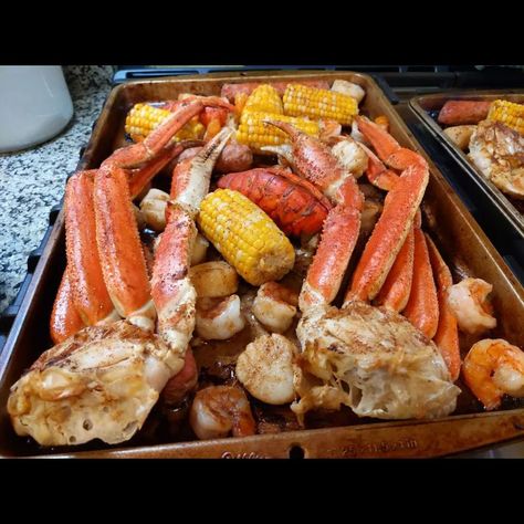 Sheet Pan Seafood Boil Sheet Pan Crab Boil, Oven Crab Boil, Oven Seafood Boil Recipes, Sheet Pan Seafood Boil, Seafood Boil In Oven Foil Pan, Seafood Boil Oven, Oven Baked Seafood Boil, Pan Seafood Boil, Baked Seafood Boil