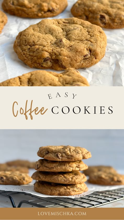 On top, a close up of a golden brown, soft coffee cookie with chocolate chips inside and a crispy outside. On the bottom, underneath "easy coffee cookies" is a stack of golden brown coffee cookies with chocolate chips on a sheet of parchment paper on a black wire rack with several other coffee cookies behind it. Coffee Ground Cookies, Cookies With Instant Coffee, Easy Coffee Cookie Recipes, Coffee Oatmeal Cookies, Healthy Coffee Cookies, Instant Coffee Cookies, Leftover Coffee Recipes, Recipes Using Instant Coffee, Coffee Cookies Recipes Easy