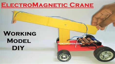 how to make electromagnetic crane working model science project - diy | howtofunda  @craftpiller ​ Steam Science Projects, Kids Science Fair Projects, Electricity Experiments, Steam Science, Steam Projects, Kid Experiments, Science Projects For Kids, Electrical Projects, Fair Projects