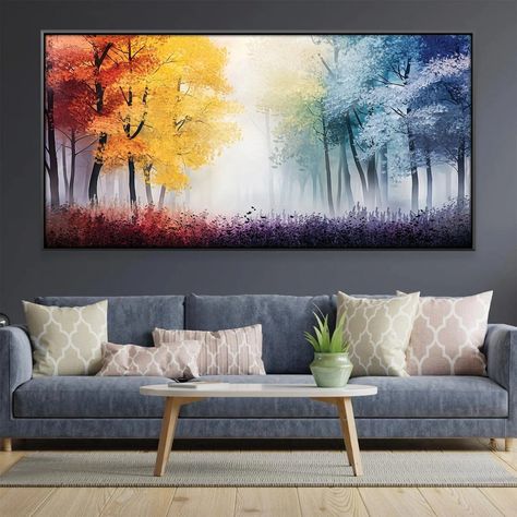 Seasons Watercolor, Four Seasons Painting, Room Painting, Misty Forest, Forest Landscape, Yellow And Blue, Room Paint, Rich Colors, Oil Painting Landscape