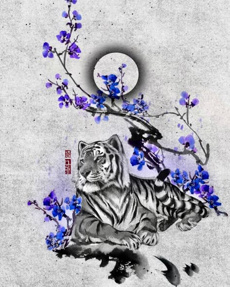 Blue Tiger Tattoo Japanese, Peaceful Tiger Tattoo, Tiger With Lotus Flower Tattoo, Asian Tattoo Art, Sumi Painting, Tattoo Chinese, Phoenix Tattoo Feminine, Japanese Tiger Tattoo, Watercolor Tattoo Ideas