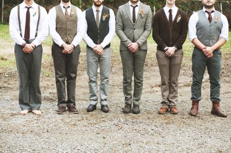 Mismatched groomsmen. Mismatched bridesmaids. Short wedding dress. Homemade boutonnieres and bouquets. Mismatched Groomsmen, Groomsmen Looks, Hipster Wedding, Mismatched Bridesmaids, Wedding Groomsmen, Groomsmen Attire, Maggie Sottero, Bridesmaids And Groomsmen, Nashville Wedding