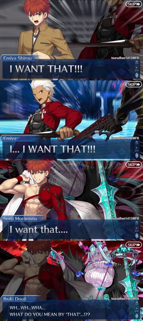 Emiya Cemiya Shirou irou WANT THAT!!! Emiya WANT THAT!!! SKIP > Muramasa want that... af Wy tsurudhest Ibuki Douji WH...WH...WHA... WHAT DO YOU MEAN BY 'THAT?...!?? – popular memes on the site ifunny.co Senji Muramasa Fate, Ibuki Douji, Senji Muramasa, Fate Quotes, Emiya Shirou, Archer Emiya, Type Moon Anime, Fate Characters, Shirou Emiya