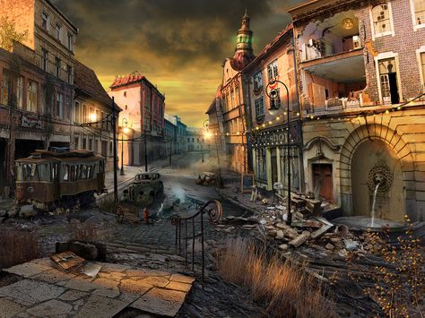 abandoned town street by sergeilameiko Town Drawing, Hidden Object Game, Company Town, Abandoned Town, Post Apocalyptic Art, Hidden Object Games, Red Lake, Hidden Objects, Beauty Games