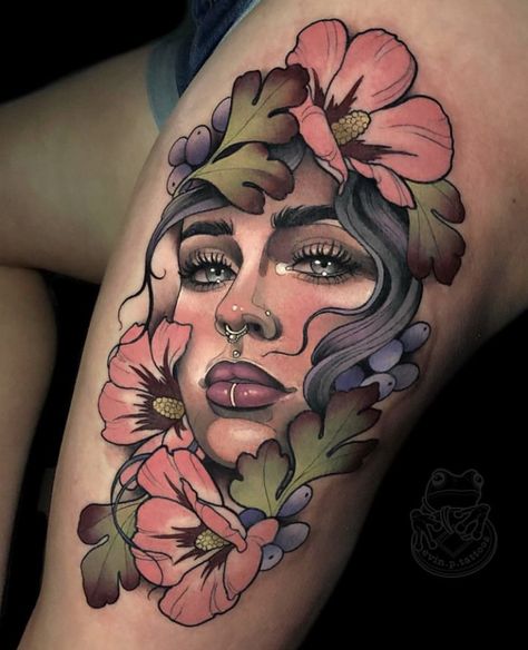 Neo Traditional Face Tattoo, Neotrad Woman Tattoo, Neo Traditional Lioness Tattoo, Lady Face Tattoo Neotraditional, Neo Traditional Leg Sleeve Women, Lady Face Flowers Tattoo, Neo Traditional Tattoos Women Faces, Neotrad Lady Face, Neo Traditional Portrait Tattoo