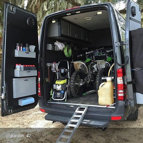 http://www.rbcomponents.com/van-products/sprinter-van-inventory Dirt Bike Van, Moto Van Conversion, Motocross Van Ideas, Moto Van Ideas, Motovan Ideas, Bike Storage In Van, Moto Van, Van Motorcycle, Sprinter Van Camper