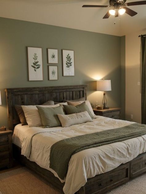 Sage Green Painted Bedroom, Olive Green And Off White Bedroom, Sage Green Rustic Bedroom, White And Green Room Ideas, Medium Green Bedroom, Green Aesthetic Bedrooms, Black White And Sage Green Bedroom, Rustic Bedroom Paint Ideas, Black Cream And Green Bedroom