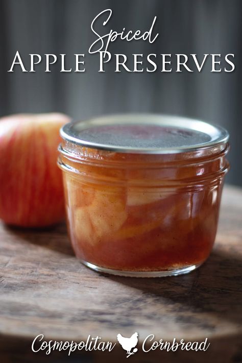 These delcious preserves are filled with chunky apples and lots of spice. The perfect fall flavors! Try it spread between layers of cake! #applepreserves #applespread #canningapples Apple Preserves, Cosmopolitan Cornbread, Canning Apples, Canning Jam Recipes, Pie Fillings, Pressure Canning Recipes, Canned Pears, Jam Recipes Homemade, Canning Jam