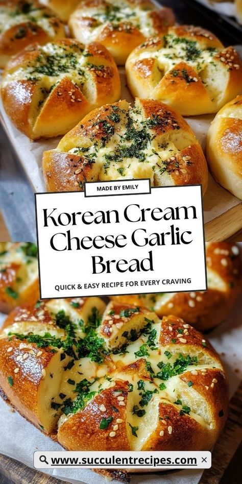 Treat yourself to this Mouthwatering Korean Cream Cheese Garlic Bread! With its fluffy texture and deliciously rich filling, it's the perfect side dish for any meal or a tasty snack any time of the day. Japanese Savory Bread, Recipes With Garlic Butter, Garlic Cream Cheese Bread, Garlic Bread With Cream Cheese, Light Cream Cheese Recipes, Side Bread Recipes, Korean Cheese Bread, Korean Cream Cheese Garlic Buns, Garlic Bread Dinner Ideas