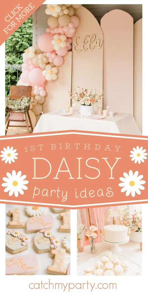 Floral Theme First Birthday Party, Onederful Party Ideas, Boho Daisy 1st Birthday, Fall Daisy Birthday Party, One Year Old Birthday Party Girl Flower Theme, Daisy First Birthday Food, Pink Daisy Themed Birthday Party, Wild One Daisy Birthday Cake, Modern Daisy First Birthday