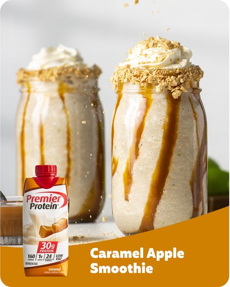 Apple Protein Shake, Protien Shake Recipes, Caramel Apple Smoothie, Protein Shake Chocolate, Premier Protein Shake, Protein Drink Recipes, Protein Shake Recipe, 30g Protein, Premier Protein Shakes