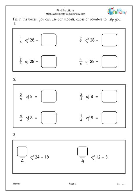 Find fractions - Fraction Worksheets for Year 2 (age 6-7) by URBrainy.com Simple Fractions Worksheets, Year 2 Maths, Simple Fractions, Fractions Worksheets, Year 7, Year 2, Creative Template, Template Ideas, Grade 1