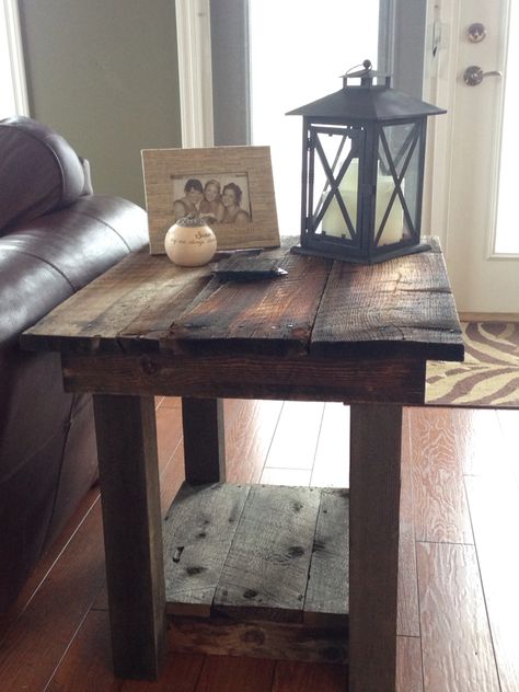 Rustic end table made with reclaimed barn wood Barnwood End Tables, Reclaimed Barnwood End Tables, Reclaimed Wood End Table, Rustic Cabin Living Room, Rustic End Table, Rustic End Tables, Cabin Living Room, Barnwood Furniture, Barn Wood Projects