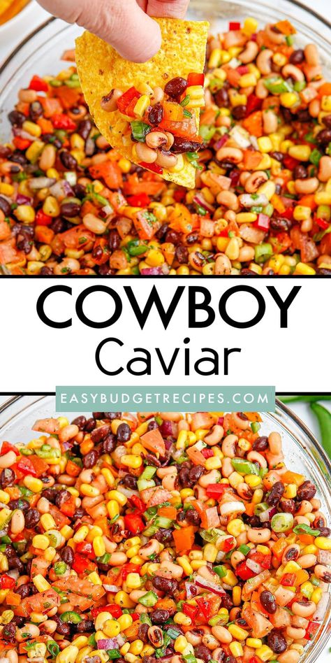 Looking for a delicious and budget-friendly dip for your next party? Try Cowboy Caviar! This easy-to-make recipe is packed with flavor and protein. Garbanzo Bean Dip Recipes, High Protein Cowboy Caviar, Simple Cowboy Caviar, Cowboy Caviar Recipe Easy, Best Cowboy Caviar Recipe, Cowboy Caviar No Beans, Blackeye Pea Dip Cowboy Caviar, Healthy Cowboy Caviar, Easy Cowboy Caviar