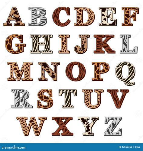 Capital letters of the Latin alphabet with animal print resembling the natural pattern of the skin and fur of wild animals, isolated on white Safari Letters Printable Animals, Jungle Letters, Jungle Alphabet, Animal Alphabet Letters, Jungle Theme Birthday Party, Alphabet Drawing, Africa Art Design, Scrapbook Letters, Latin Alphabet