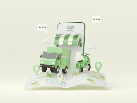 Delivery 3d Illustration, Delivery Illustration, Bank Poster, Ux App Design, Delivery Pictures, Delivery Truck, 3d Blender, Tshirt Design Men, Green Theme