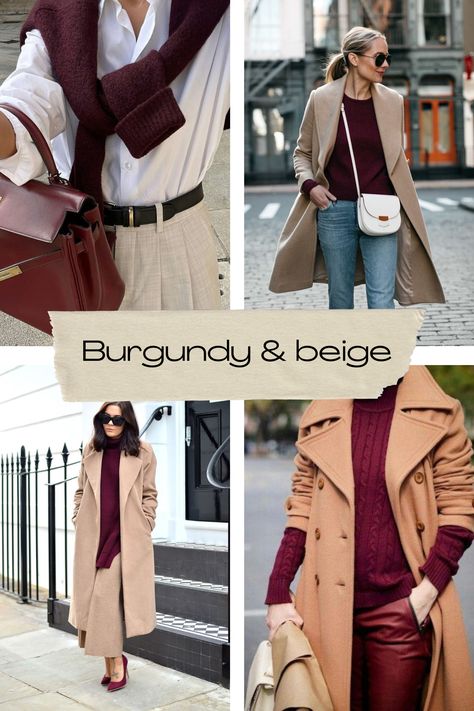 Burgundy Accent Outfit, Burgundy Fashion Outfits, Burgundy Trainers Outfit, Burgundy Beige Outfit, Beige And Burgundy Outfit, Burgundy And Beige Outfit, Burgundy Flats Outfit, Beige Color Combinations, Burgundy Outfits For Women