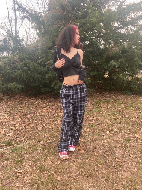 Bra And Pajama Pants Outfit, Plaid Pyjama Bottoms Aesthetic, Pajama Reference, Pajama Pants Outfit Aesthetic, Plaid Pj Pants Outfit, Pj Pants Outfit School, Pajama Pants Outfit For School, Pj Pants Outfit, Y2k Pajamas