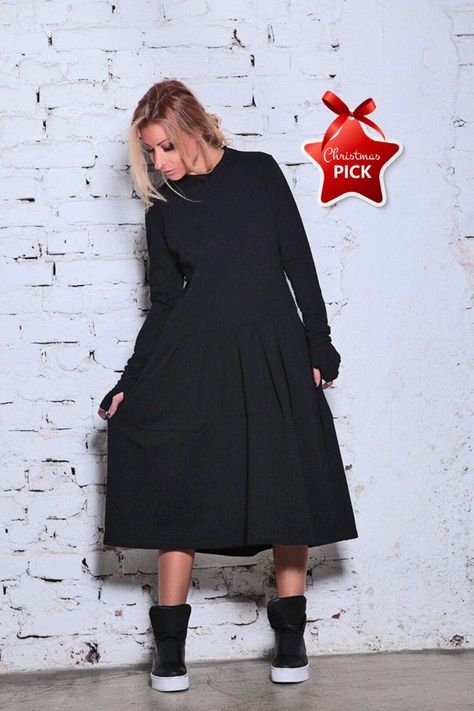 Goth Dress Long, Black Goth Dress, Modest Plus Size, Long Sleeve Dress Winter, Classic Midi Dress, Maxi Dress Winter, Minimalist Dress, Steampunk Dress, Sweater Dress Black