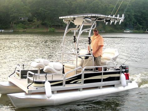 Godfrey Sea Ryder Pontoon / Custom with SG600 Review | Stryker T-Tops, Universal Boat T-Tops for Center Console Boats Pontoon Boat Ideas, Mini Pontoon Boats, Small Pontoon Boats, Fishing Pontoon Boats, Center Console Fishing Boats, Tracker Boats, Row Row Your Boat, Center Console Boats, Buy A Boat