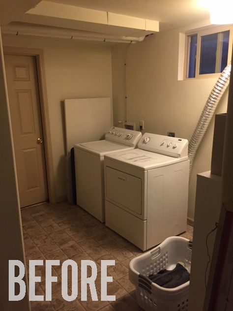 My Total DIY Laundry Room Makeover Lake Laundry Room, Awkward Laundry Room Ideas, Shared Laundry Room Ideas, Laundry Table With Hanging Rod, How To Build A Laundry Room, Face To Face Washer And Dryer, Laundry Makeover Before And After, Basement Small Laundry Room Ideas, Garage Laundry Makeover