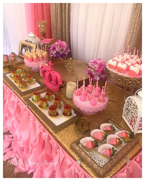 Pink Snack Table, Pink Dessert Tables, Pink Princess Birthday, Pink And Gold First Birthday, Pink Snacks, Princess Theme Birthday, Royal Pink, Princess Theme Birthday Party, Gold First Birthday