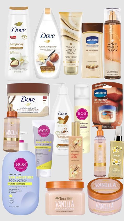 Smell AMAZINGGG without BREAKING the bank!! (Vanilla edition) dove has some great scents for good prices and will LAST. These products take forever to use up!! Signature Scent Ideas, Dove Vanilla, Vanilla Body Care, Cute Perfume, Skin Care Wishlist, Hygiene Self Care, Scent Combos, Lotions And Perfumes, Pure Cocoa Butter