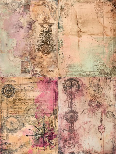 Background Design in Steampunk Style.  Printed on rice paper. Soft Steampunk Aesthetic, Steam Punk Background, Steampunk Colour Palette, Pink Steampunk Aesthetic, Steampunk Aesthetic Wallpaper, Steampunk Texture, Steampunk Frame, Fantasy Scrapbook, Steam Punk Aesthetic