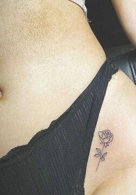 Rose Side Rib Tattoo, Small Rose Hip Tattoo, Hip Rose Tattoos Women, Small Hip Tattoos, Small Hip Tattoos Women, Rose Tattoo On Hip, Tattoos On Side Ribs, Simple Tattoos For Women, Small Rose Tattoo