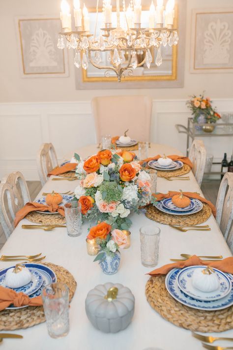 Navy And Orange Thanksgiving Table, Blue And Orange Tablescape, Blue And Orange Table Setting, Blue White And Orange Tablescape, Light Blue Thanksgiving Table, Blue And White Thanksgiving Tablescape, Blue White And Orange Thanksgiving, Thanksgiving Table Blue Plates, Ramadan Table