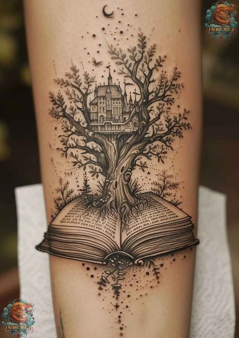 Book Love Tattoo Ideas, Large Book Tattoo Ideas, Book World Art, Book Escape Tattoo, Antique Book Tattoo, Fantasy World Tattoo, Book Tattoo Ideas Sleeve, Whimsical Book Tattoo, Gothic Book Tattoo