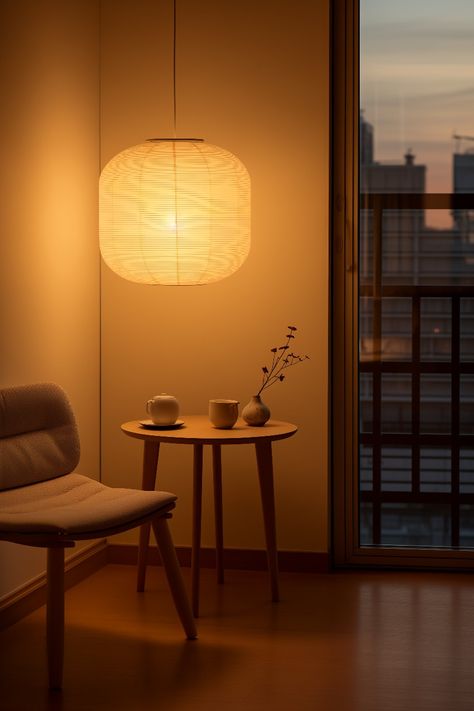 Hanging Rice Paper Lamp, Rice Paper Lamp Living Rooms, Corner Hanging Lamp, Rice Lamp, Hanging Side Table, Tea Pot And Cup, Rice Paper Lamp, Minimalistic Interior, Brown Floor