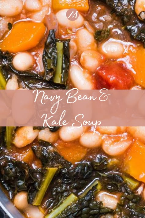 Navy Bean & Kale Soup This soup is as simple to make as it is delicious to eat! Navy beans and kale are great sources of dietary fiber, which can improve digestive health. On average, kale provides 2.5 grams of dietary fiber per cup and navy beans contain 19 grams of fiber per cup. Fiber is crucial to promoting probiotic health. A fiber-rich diet can help feed your gut microbiome. Kale And Black Bean Soup, Navy Bean Kale Soup, Kale Black Bean Soup, Vegan Navy Bean Soup, Fiber Rich Diet, Bean Soup With Kale, Bean Kale Soup, Beans And Kale, Navy Bean Soup