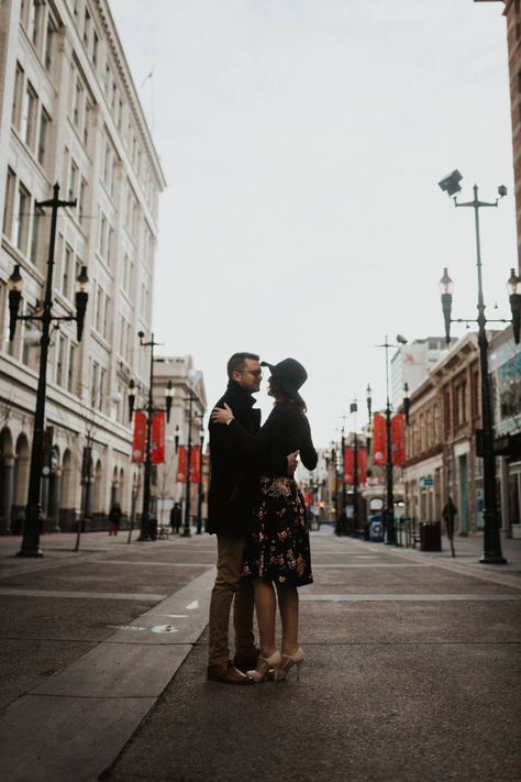 Downtown Calgary Engagement Session | CalgaryEngagement Downtown Photoshoot, Utah Engagement Photos, Downtown Calgary, Unique Engagement Photos, Romantic Engagement Photos, Rocky Mountain Wedding, Mountain Bride, Engagement Inspo, City Engagement