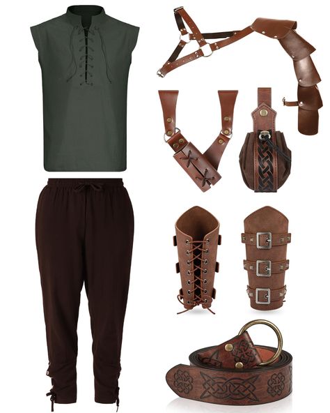 PRICES MAY VARY. Savor the Essence of Medieval Times: the men's medieval costume set is a meticulously designed ensemble that beautifully shows the essence of Medieval Times; Composed of a cotton sleeveless shirt and cotton linen gothic trousers with belt, shoulder armor, pouch, bracer and sword bag, this set provides breathable wear, making it a nice blend of comfort and style Size and Color Variations for Gentleman: the men's renaissance costume comes in medium, large, and x-large sizing optio Men’s Renn Faire Costume, Elf Costume Male, Fantasy Mens Outfits, Rennaisance Outfits Men, Ren Faire Outfits Men, Mens Ren Faire Outfit, Medieval Outfits Men, Gothic Trousers, Medieval Outfit