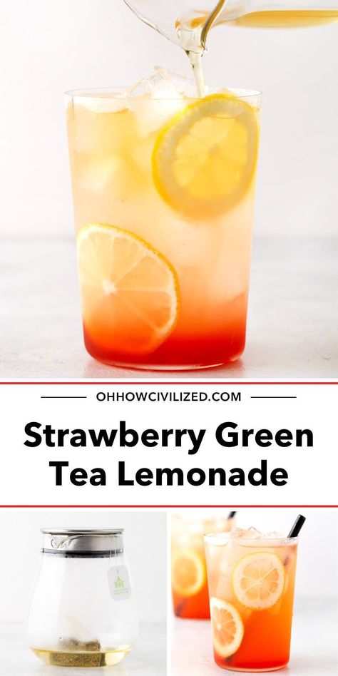 This fruity Strawberry Green Tea Lemonade is delicious and refreshing. See step-by-step instructions to make this layered 5-ingredient iced drink in just 4 minutes. #strawberrygreentealemonade #greentea #lemonaderecipes #icedtearecipes #icedtea #lemonade Tea Lemonade Recipe, Green Tea Lemonade Recipe, Strawberry Drink Recipes, Summer Tea Recipes, Strawberry Green Tea, Flavored Iced Tea Recipes, Healthy Teas Recipes, Iced Matcha Green Tea, Matcha Green Tea Recipes