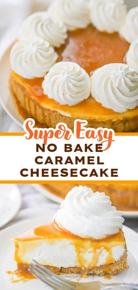 Dive into our newest no bake cheesecake! Our easy, irresistible No Bake Salted Caramel Cheesecake recipe is one you’ll adore! Imagine a creamy, indulgent dessert with layers of graham cracker crust, smooth and rich cheesecake filling, and a gooey salted caramel drizzle on top. Dreamy! No Bake Cheesecake Caramel, Caramel No Bake Cheesecake, Popular Cheesecake Flavors, No Bake Salted Caramel Cheesecake, Easy Cheesecake Bites, Cheesecake Bars No Bake, Caramel Drizzle Recipe, Cheesecake Biscoff, Homemade Cheesecake Recipe