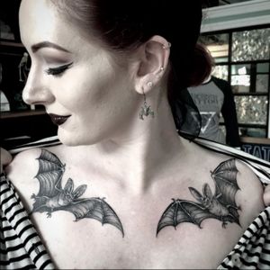 Alchemy Tattoo Collective Goth Collarbone Tattoo, Spooky Chest Tattoo, Bat Collar Bone Tattoos, Goth Collar Bone Tattoo, Gothic Collar Bone Tattoo, Gothic Chest Tattoo Female, Gothic Chest Tattoo, Goth Chest Tattoo, Bat Chest Tattoo