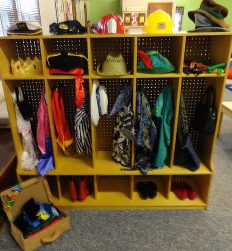 Cubbies/mailboxes turned into a Dress-up area for our preschools Dramatic Play center Play Area Ideas, Preschool Cubbies, Classroom Cubbies, Dress Up Corner, Head Start Classroom, Dress Up Area, Preschool Organization, Learning Centers Preschool, Dramatic Play Center