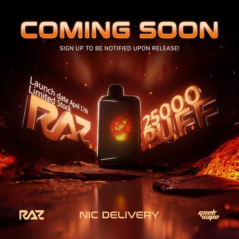 The RAZ DC25000 is Coming Soon! Sign up to be notified when it is released! More info on our website! #razdisposables #razvapes #razdc25000 #geekvape #vapes Coming Soon Banner Design, Coming Soon Poster Design, Coming Soon Product, Coming Soon Poster, Coming Soon Design, Instagram Ads Design, Product Banner, Website Ads, Coming Soon Sign