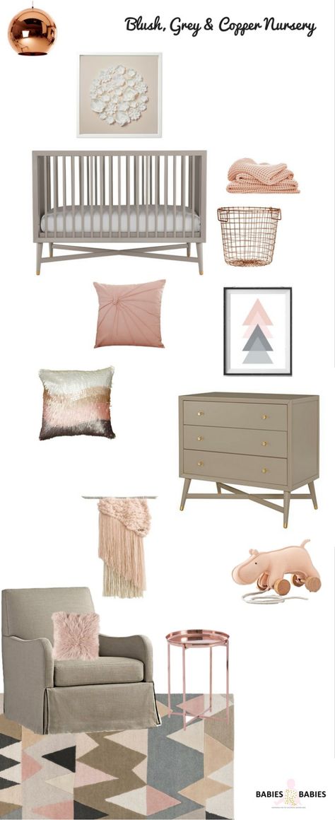 A blush grey and copper nursery design, nursery design inspiration,mid century nursery Copper Nursery, Nursery Design Board, Mid Century Nursery, Sophisticated Nursery, Blush Nursery, Gray Nursery, Nursery Modern, Grey Nursery, Girls Nursery